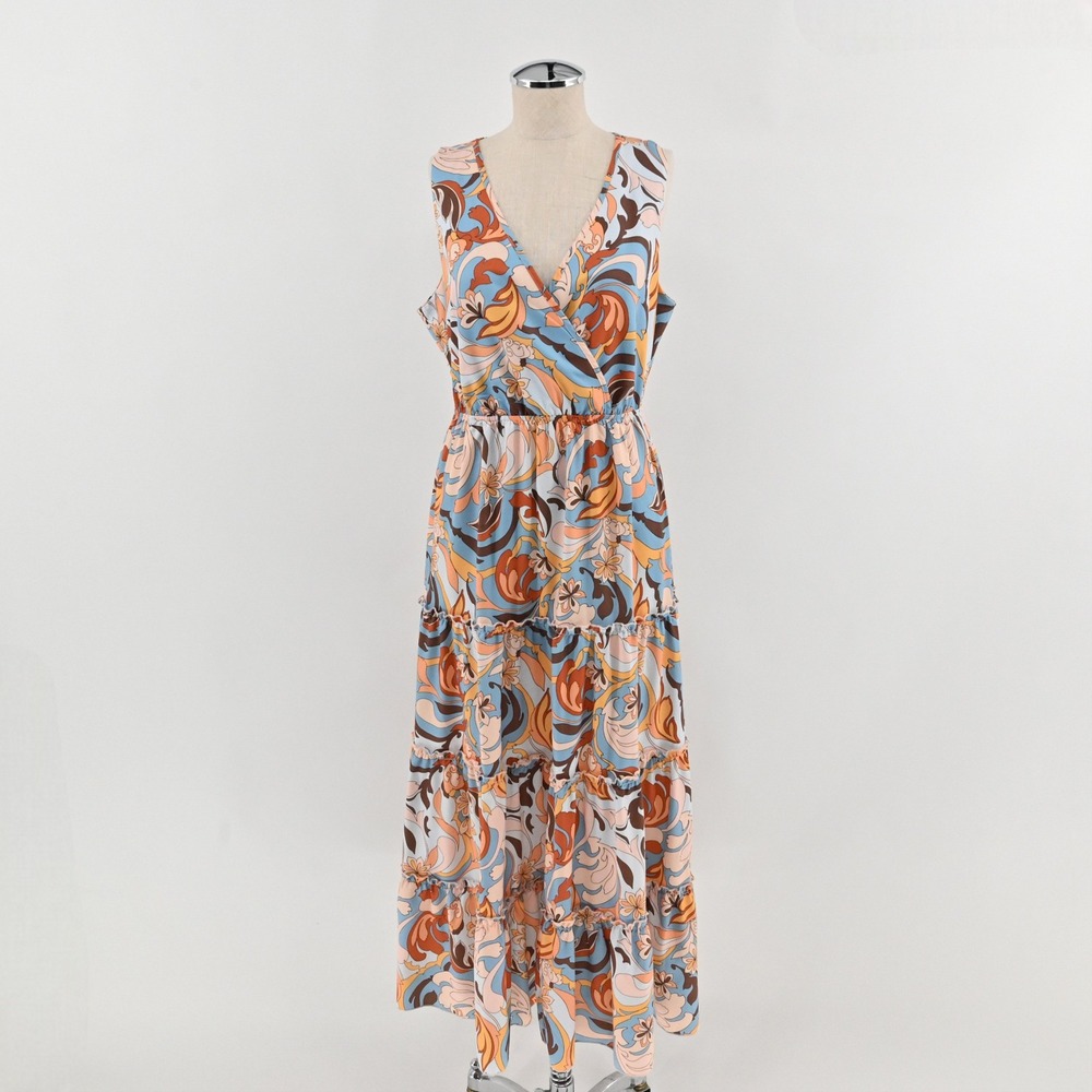 Boston Proper Tiered Maxi Dress Womens Size M Blue Floral Retro Boho Psychedelic